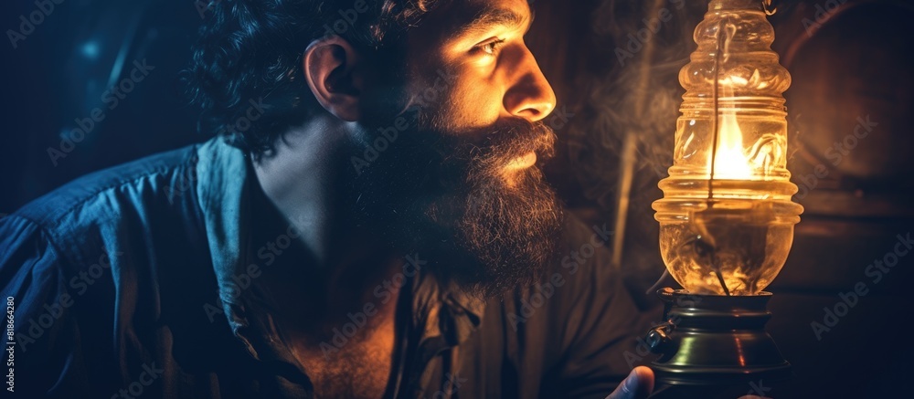 Poster Close up portrait of a bearded sailor enjoying a hookah creating a dark and mysterious atmosphere Emphasizing the hookah lifestyle and the concept of smoking Toned copy space image