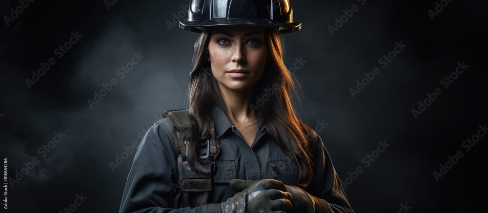 Poster a female wearing black gloves and a hard hat while working. with copy space image. place for adding 