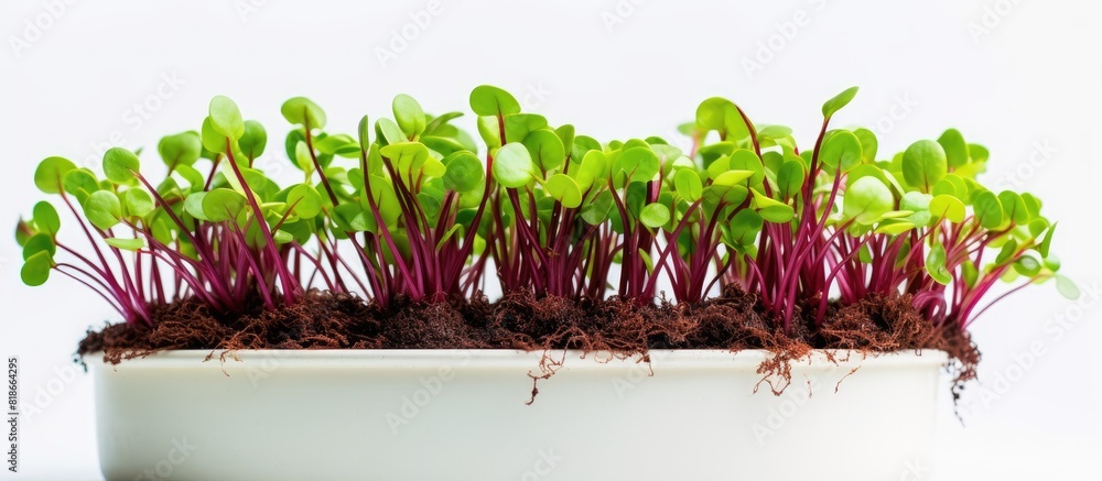 Poster A close up image of micro green beet sprouts in a pot with soil on a white background Promoting a healthy diet and lifestyle Copy space image
