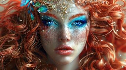 Fantasy portrait of a woman with ornate crown and fiery red hair, ideal for creative and artistic themes.