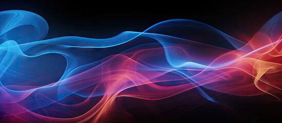 Fototapeta premium A colorful mist of spiritual energy in neon pink blue and orange lights gently flows like steam creating an abstract backdrop on a dark black surface with ample copy space for text or images