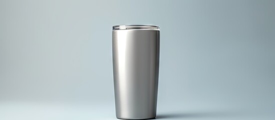 A blank stainless steel tumbler mug with a plain grey design ideal for showcasing product branding in a mockup Copy space image available
