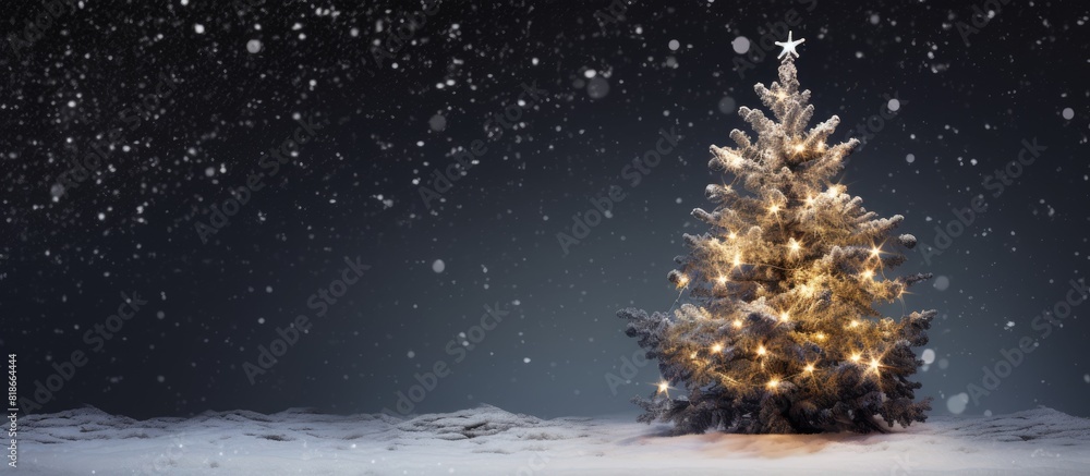 Poster A festive Christmas fir tree covered in snow stands against a rustic wooden backdrop creating a charming copy space image