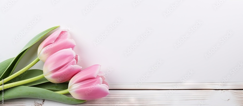 Aufkleber A pink tulip and heart themed Valentine s Day image against a white wooden background allowing space for text. with copy space image. Place for adding text or design