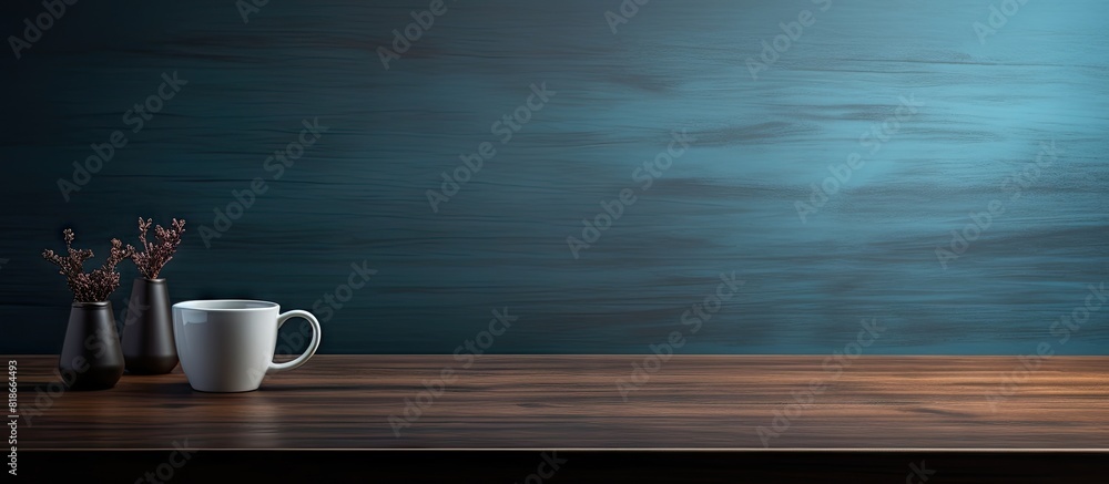 Poster a contemporary office desk with a dark surface featuring a computer and a cup of coffee the image pr