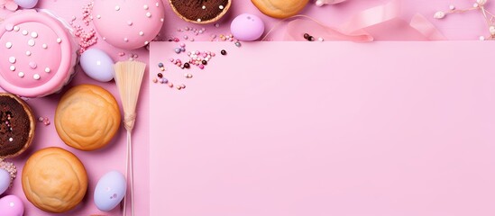 A pink background displays a blank notepad adorned with a sweet bun Easter decorations and baking...
