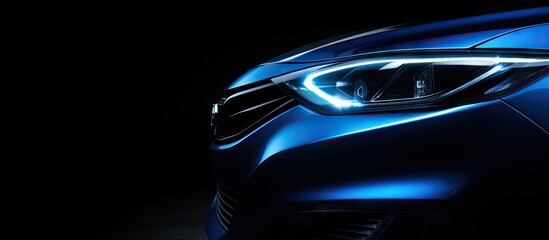Copy space image of modern blue car headlights with LED technology on a black background leaving ample room on the right for text