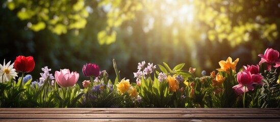 The morning garden background creates a vibrant and beautiful atmosphere behind the wood table top making it an ideal choice for a product s key visual layout 168 characters. with copy space image