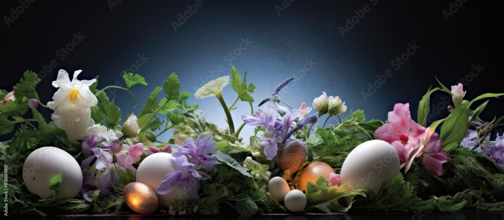 Poster aesthetic arrangement featuring easter eggs foliage and flowers on a luminous backdrop allowing for 
