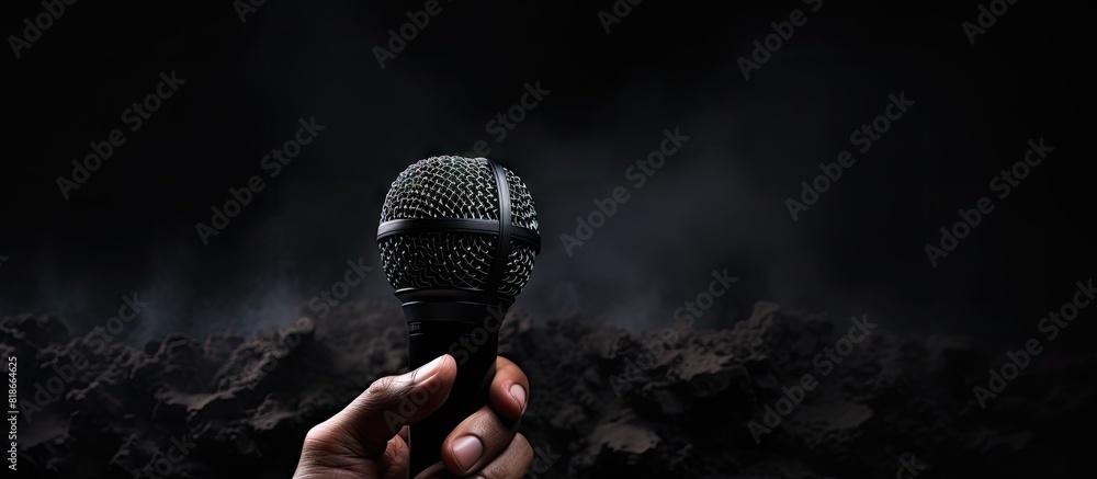 Fototapete a man holding a microphone with a black sponge creating a copy space image