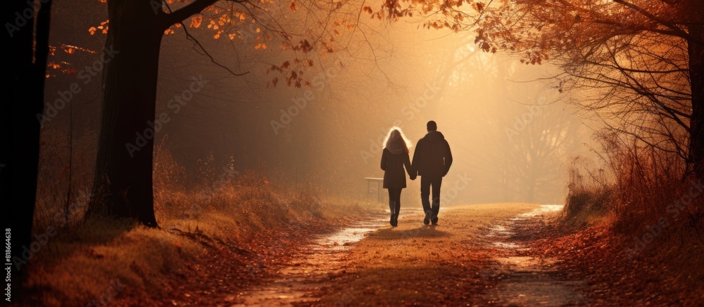 Poster A couple walks along a trail in the autumn countryside or park embracing each other from behind The image contains empty space for adding additional elements