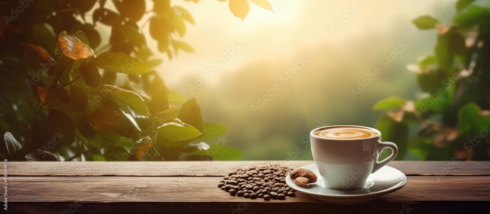 Poster Morning coffee with latte art and coffee beans on a wooden table bathed in sunlight creating a captivating image with ample copy space