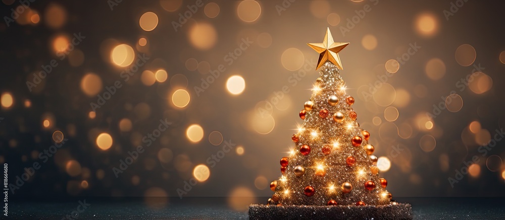 Poster copy space image of a beautifully adorned christmas tree complete with a sparkling star atop and an 