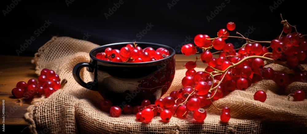 Poster an image with black and red currant berries placed on sackcloth along with a cup pouring vitamins co