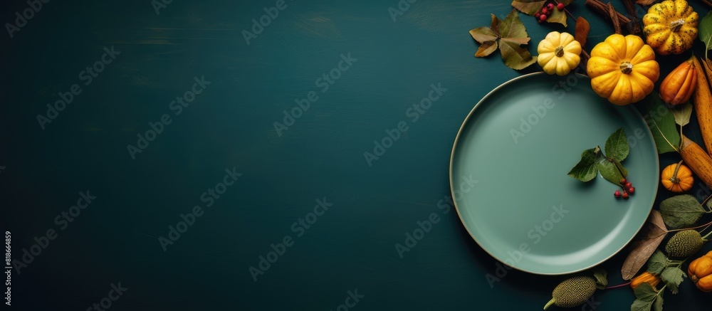Aufkleber autumn themed flat lay featuring a plate pumpkin and yellow leaves on a moody green background ample