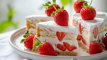 Fresh strawberries on a plate with cream cheese on toast, perfect for food and culinary presentations.