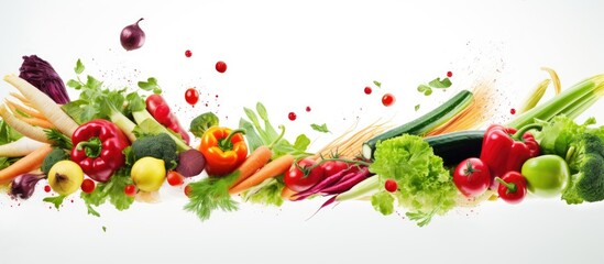 A long format copy space image featuring fresh vegetables falling into a shopping basket on a white background