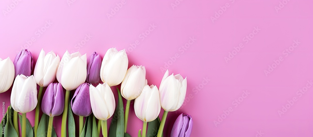 Poster A collection of purple and white tulips arranged in a bouquet is shown from above placed on a pink background The image is suitable for a greeting card and contains copy space