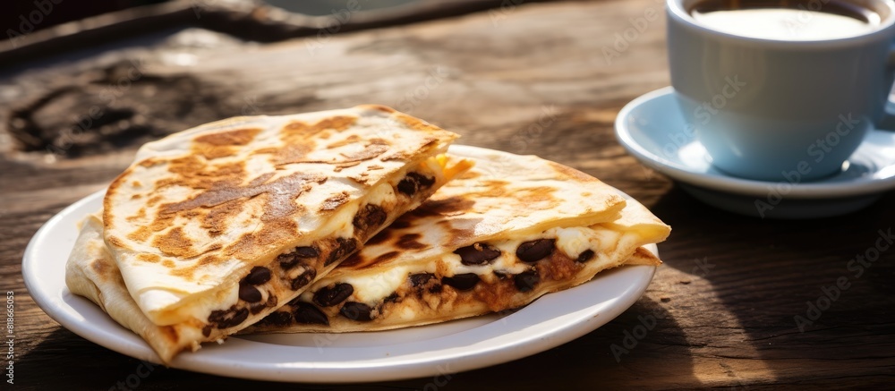 Poster Enjoy a delicious Quesadilla a popular local dessert from El Hierro island accompanied by a cup of coffee at a charming local cafe. with copy space image. Place for adding text or design