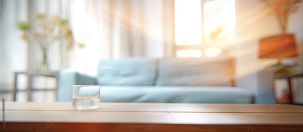 Poster a blurred background of a living room with a table top and copy space image