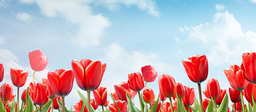 Aufkleber Bright red tulips create a beautiful view with a copy space image for text