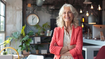 Elegant senior woman with white hair and glasses, smiling confidently in a stylish office environment. Suitable for promoting senior lifestyle, business leadership content.