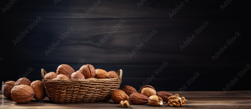 Aufkleber The dark wooden table is adorned with a basket of whole walnuts and scattered nuts around it creating a copy space image It captures the essence of a healthy food concept