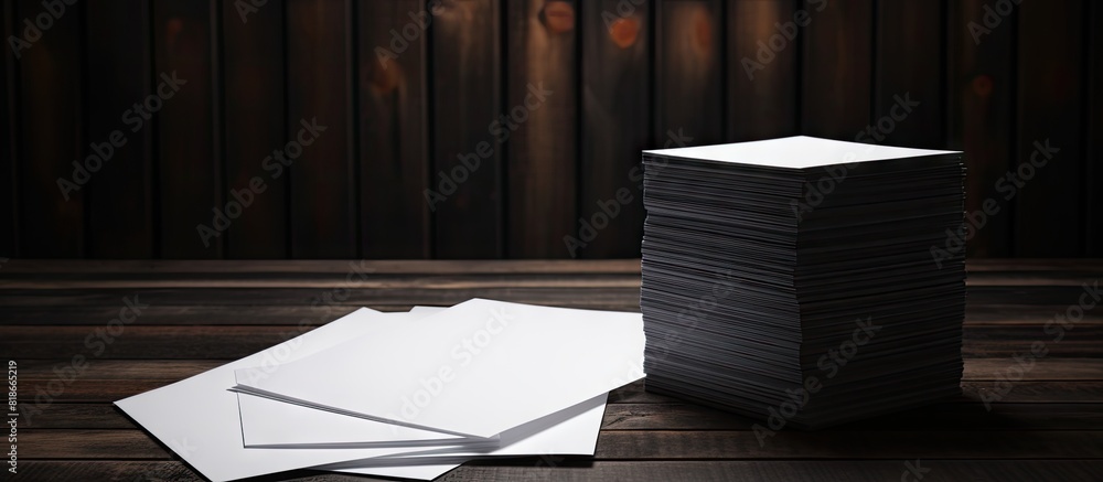 Aufkleber Black wooden background with a stack of blank paper sheets for a brochure creating a mock up with copy space image