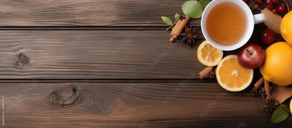 Aufkleber Top view of a cup of fruit tea placed on a table with copy space image