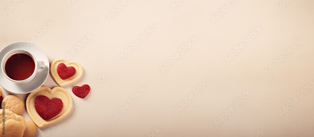 Poster A coffee break concept with a row of heart shaped jam biscuits accompanied by a cup of coffee on textured paper featuring a copy space image