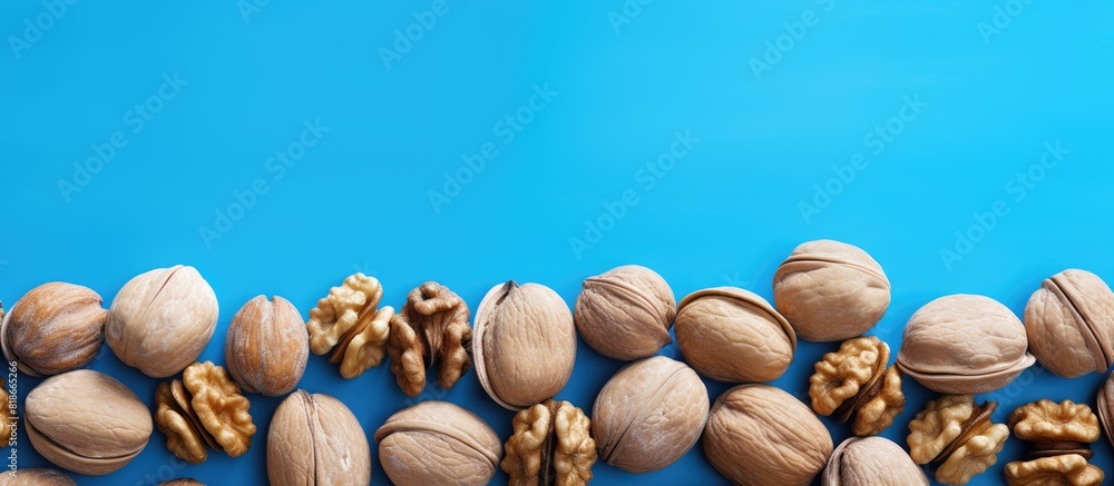 Poster A top down view of a vibrant blue background with plenty of walnuts providing ample copy space for creative purposes