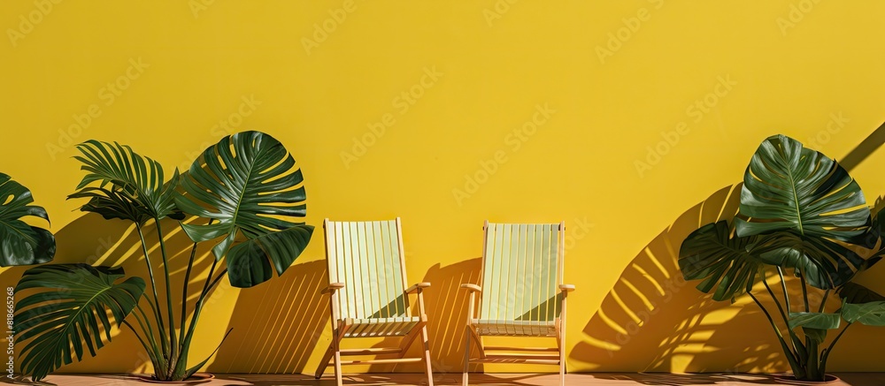 Poster a minimal composition showcasing deck chairs casting hard shadows on a yellow backdrop monstera and 