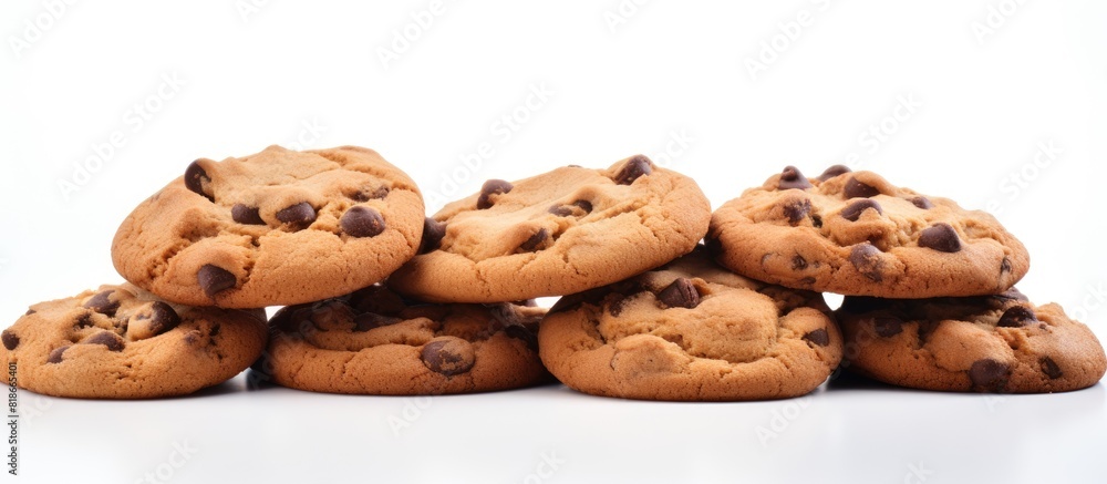 Poster a copy space image of chocolate chip cookies against a white background