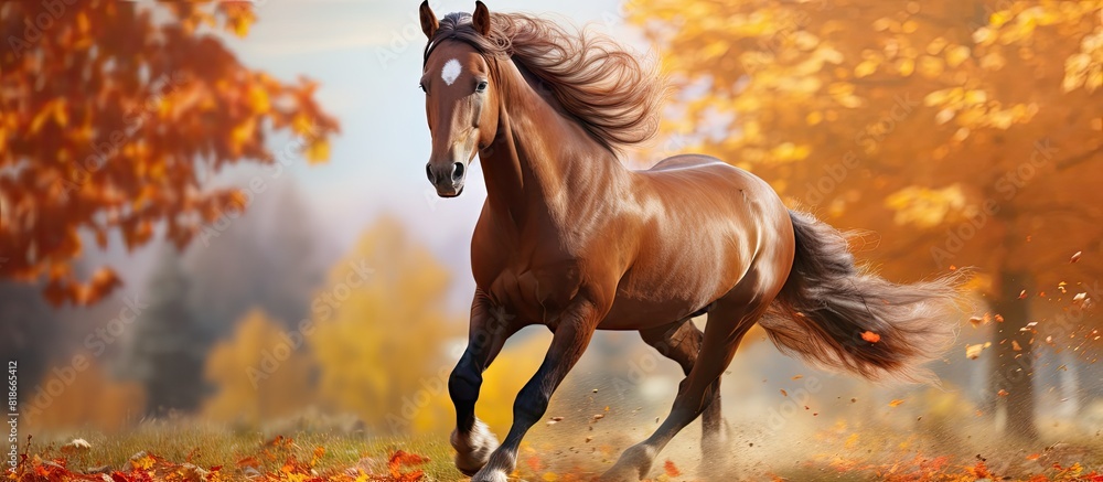 Poster autumnal scene showcasing a chestnut horse gracefully galloping in the open air against a backdrop o