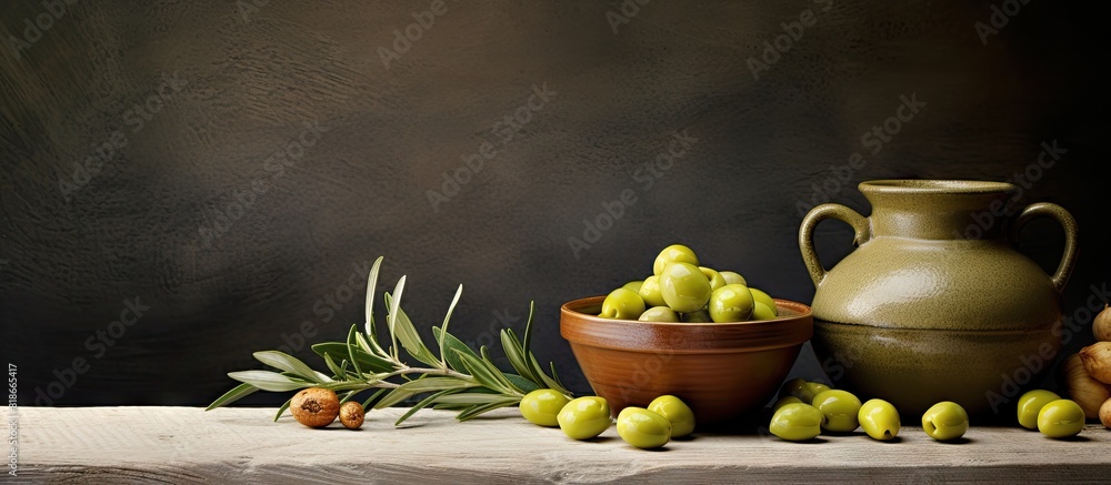 Poster A copy space image featuring a rustic background with a jar of olive oil and a mortar filled with green olives