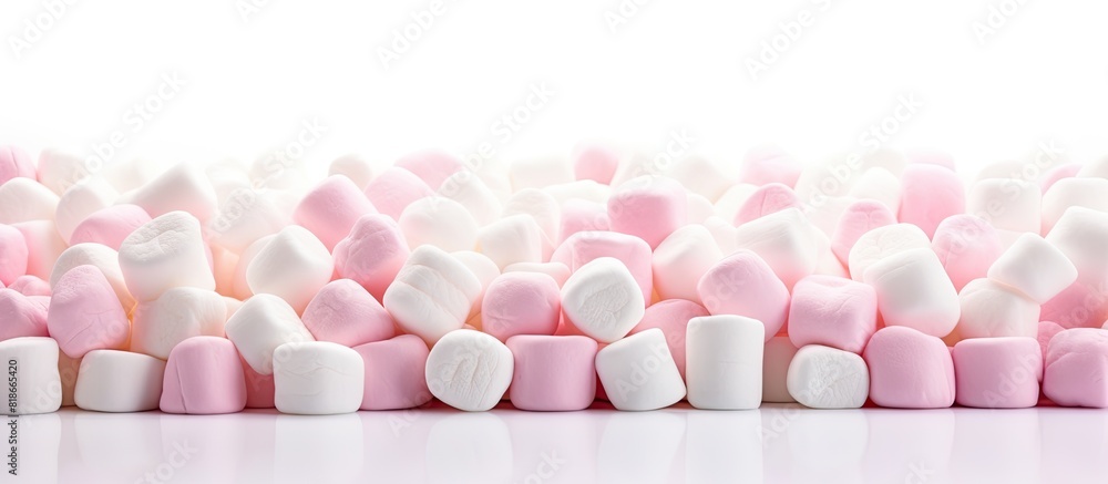 Leinwandbilder A white background with marshmallows arranged leaving space for other elements in the image. with copy space image. Place for adding text or design