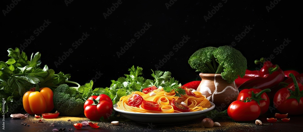 Poster mediterranean cuisine with fresh vegetables spaghetti and a dark background in the copy space image