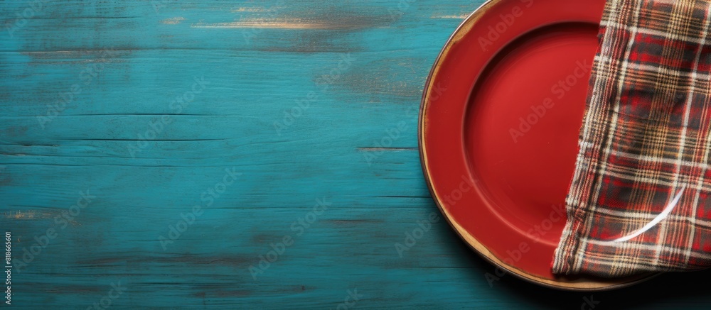 Aufkleber copy space image of an empty plate placed on a wooden tablecloth set against a grunge blue backgroun