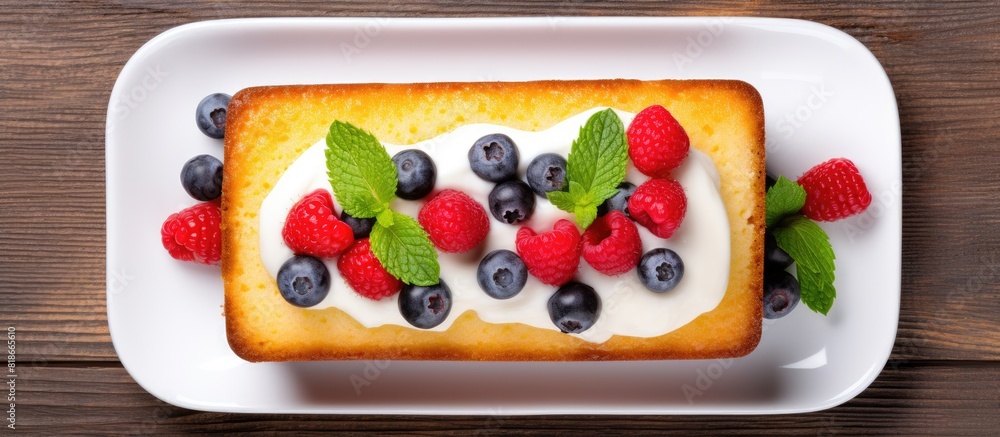 Poster overhead view of a classic pound cake or yogurt cake delicately adorned with a sugary glaze and pris