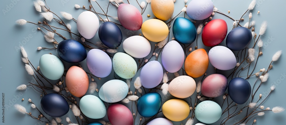 Poster close up of easter eggs with pastel colors arranged for the celebration creating a beautiful flat la