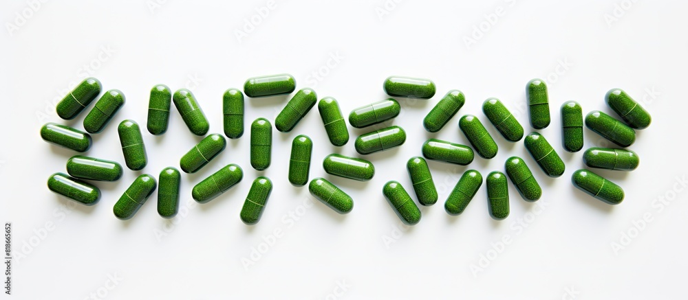 Poster A dietary supplement of spirulina in tablet form A mockup showcasing a frame of green tablets made from spirulina algae against a white background The image is taken from a top down perspective allow