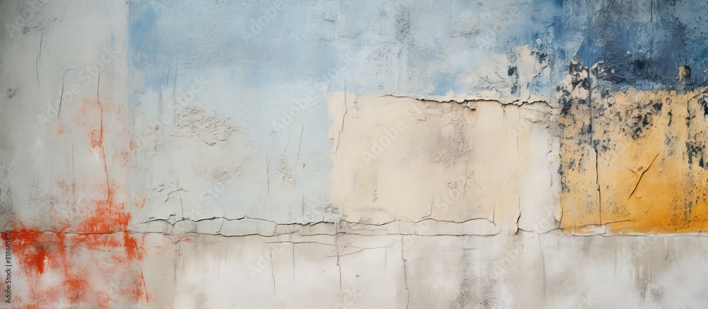 Poster Architectural background featuring the modified color scheme of a concrete wall with painted plaster and paint layers offering a textured and abstract image. with copy space image