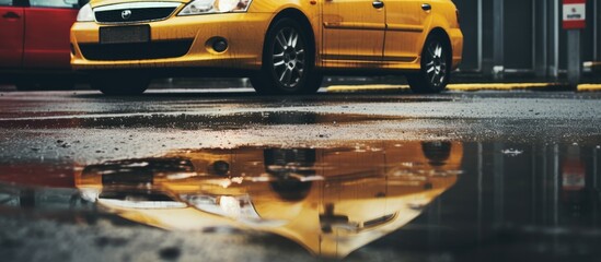 During rainy days a car is parked in the parking lot copy space image