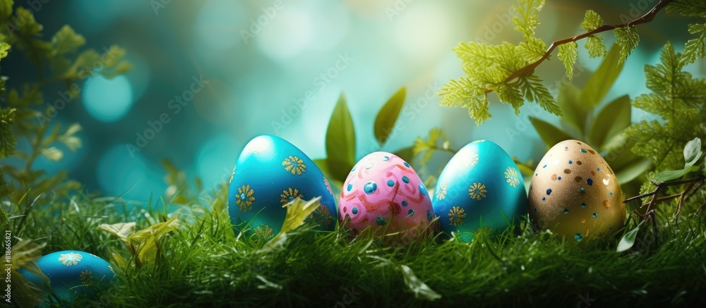 Aufkleber high quality photo of easter eggs surrounded by greenery providing copy space for text promo or mess