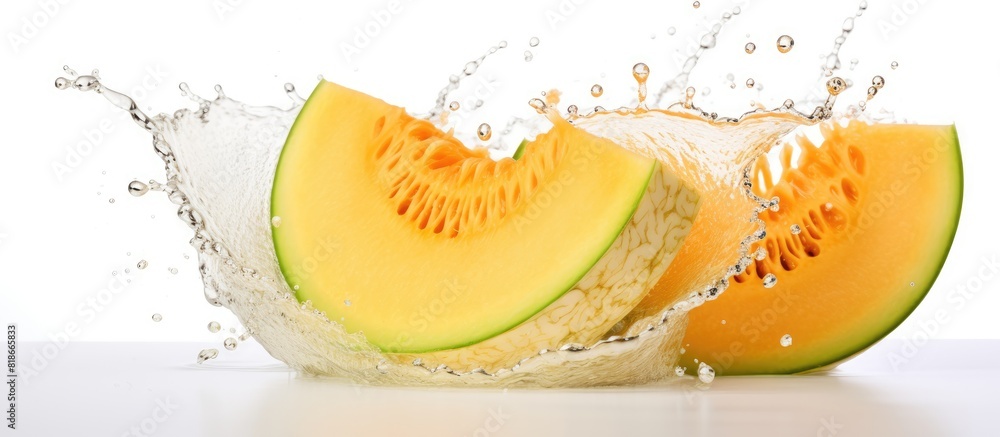 Poster A copy space image of a cantaloupe melon is shown with water droplets splashing and the fruit sinking set against a white background