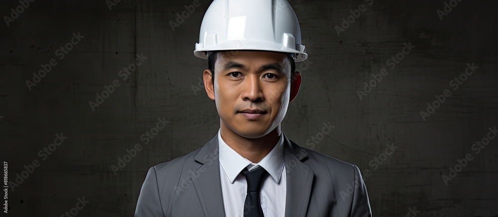 Leinwandbilder asian engineer man in a white shirt holding a helmet facing the camera in a portrait. with copy spac