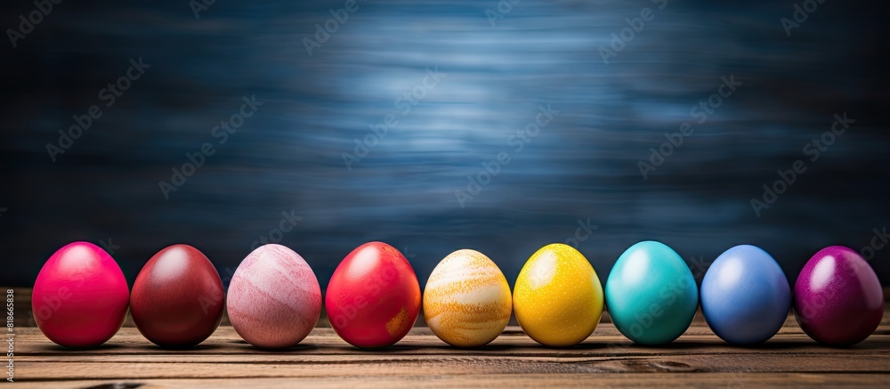 Poster Colorful Easter eggs arranged on a wooden surface providing a background for adding text. with copy space image. Place for adding text or design
