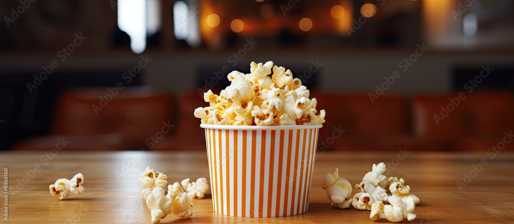 Poster The caramel popcorn is displayed in a paper cup set against a backdrop of a Loft with a 35mm film placed horizontally next to it There is a copy space image available 128 characters