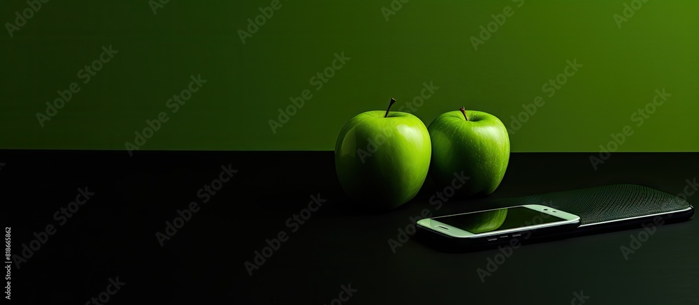 Poster A copy space image featuring a sleek black phone placed alongside a black computer adorned with a vibrant green apple