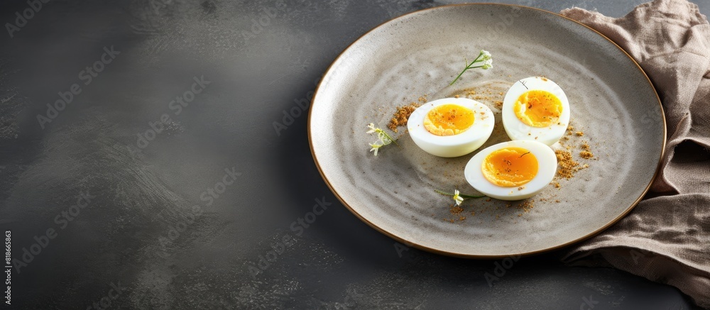 Poster A plate of boiled eggs resting on a textured gray surface with copy space image